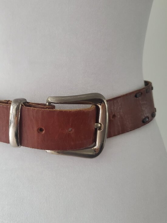 Vintage ASK Brown Leather Belt Black Contrast Stitch Silver Tone Buckle Unisex - Picture 2 of 10